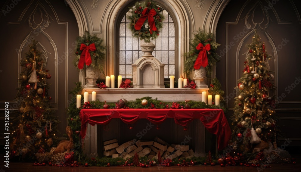 A altar adorned for Christmas with a collection of lit candles and green wreaths, evoking a cozy holiday atmosphere
