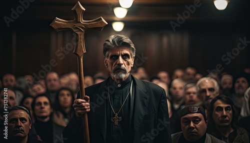 A man, identified as a minister, is holding a cross while speaking in front of a crowd of people, who appear attentive and engaged
