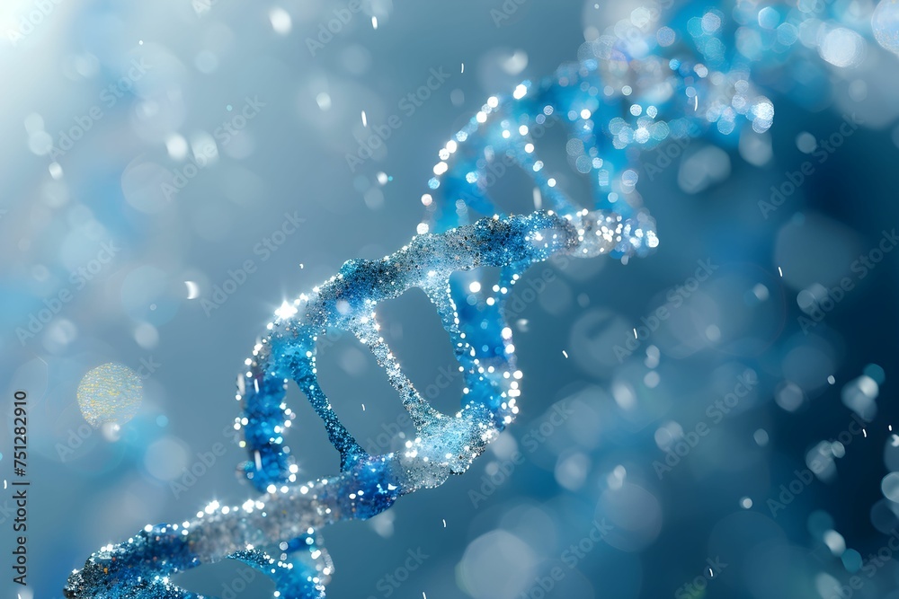 Digitally generated sparkling DNA helix against a soft bokeh background, symbolizing biotechnology and genetic research. Digitally generated sparkling DNA helix against a soft bokeh background, symbolizing biotechnology and genetic research.