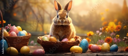 A cute rabbit is sitting inside a basket filled with colorful Easter eggs, including one large chocolate egg. The rabbit appears curious and content as it explores its surroundings.