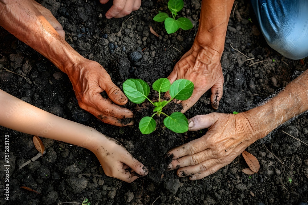 Multiple generations come together, planting a young sapling in fertile earth, symbolizing growth, care, and environmental responsibility. - obrazy, fototapety, plakaty 