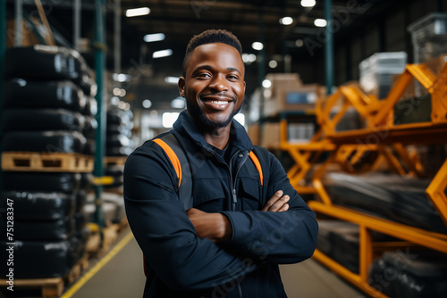 Smiling afro american man at work in a factory. Worker recruitment. Job offer. Work in industry. Jobs in a factory. Factory in Europe. African man. Black man.


