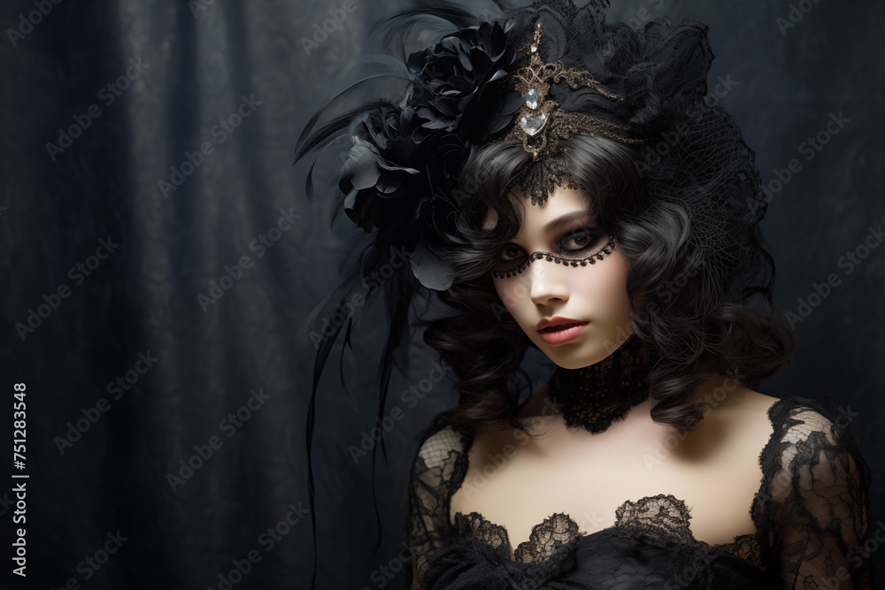 Portrait of a woman with dramatic makeup, wearing a black gothic dress and headpiece Portrait of a woman with dramatic makeup, wearing a black gothic dress and headpiece