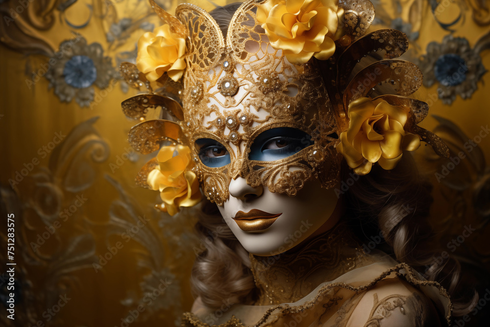 Close-up of a beautiful and intricate venetian mask adorned with golden flowers