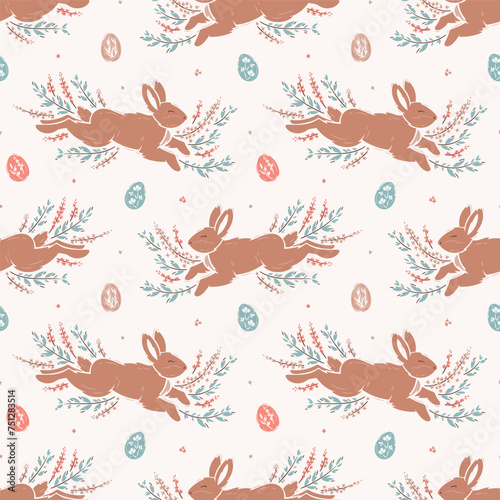 Easter Bunnies, Easter Eggs, Floral Elements Seamless Pattern. Spring Background with Cute Brown Bunny, Leaves and Flowers. Vector illustration