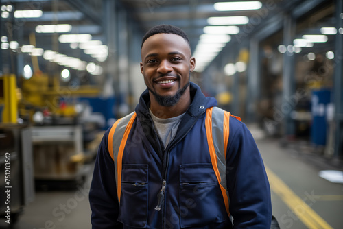 Smiling afro american man at work in a factory. Worker recruitment. Job offer. Work in industry. Jobs in a factory. Factory in Europe. African man. Black man.