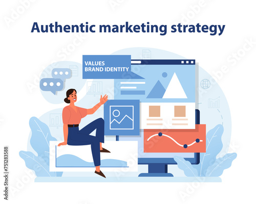 Authentic Marketing Strategy Illustration. A marketer presenting a brand identity chart. © inspiring.team
