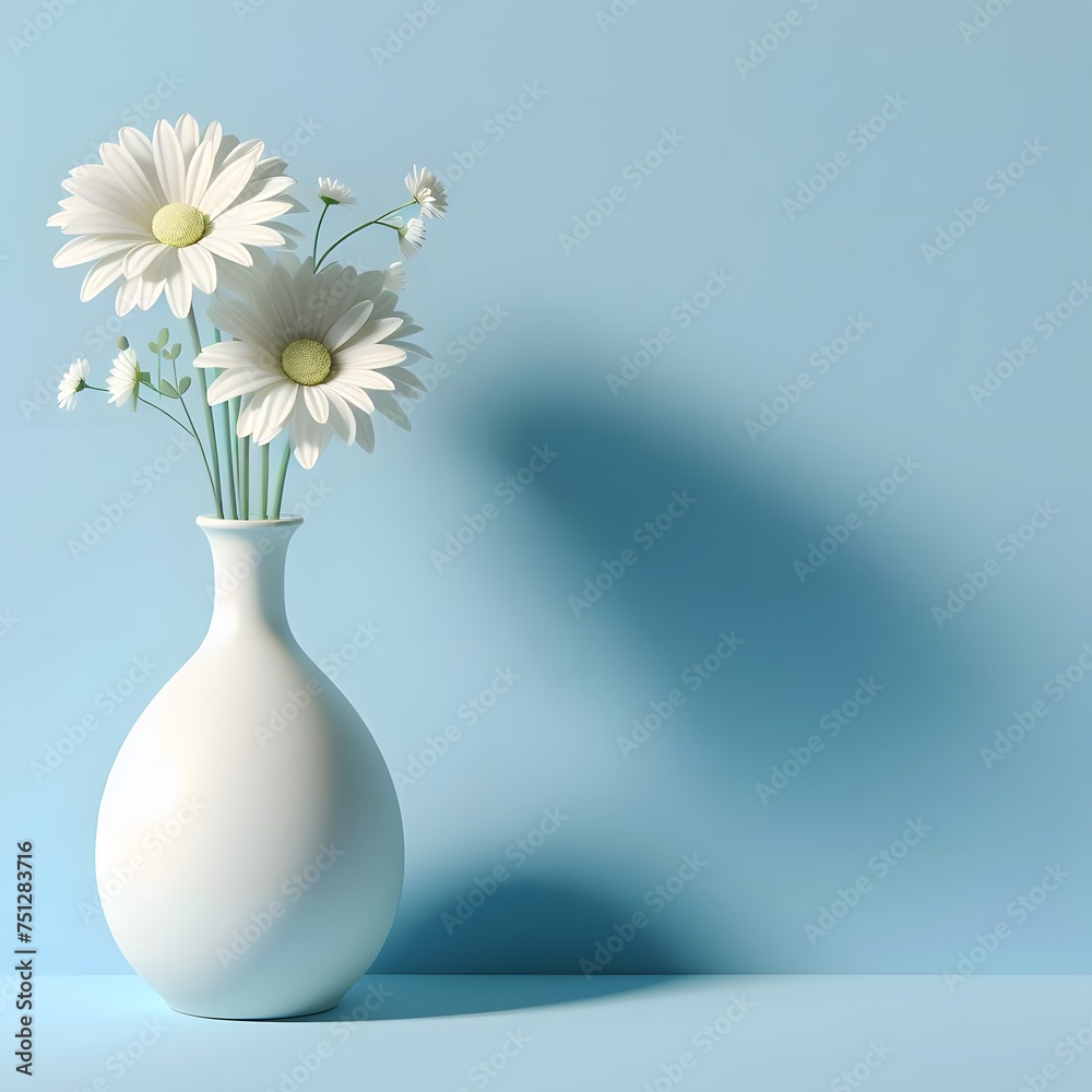 White vase with daisies on blue background. 3d render Generative AI White vase with daisies on blue background. 3d render Generative AI
