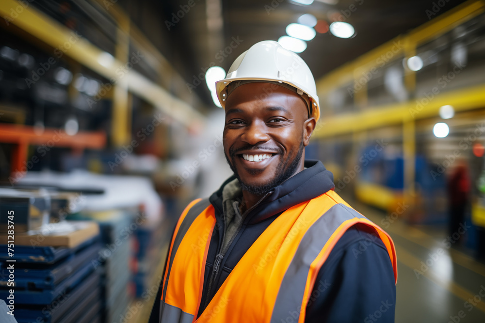 Smiling afro american man at work in a factory. Worker recruitment. Job offer. Work in industry. Jobs in a factory. Factory in Europe. African man. Black man.


