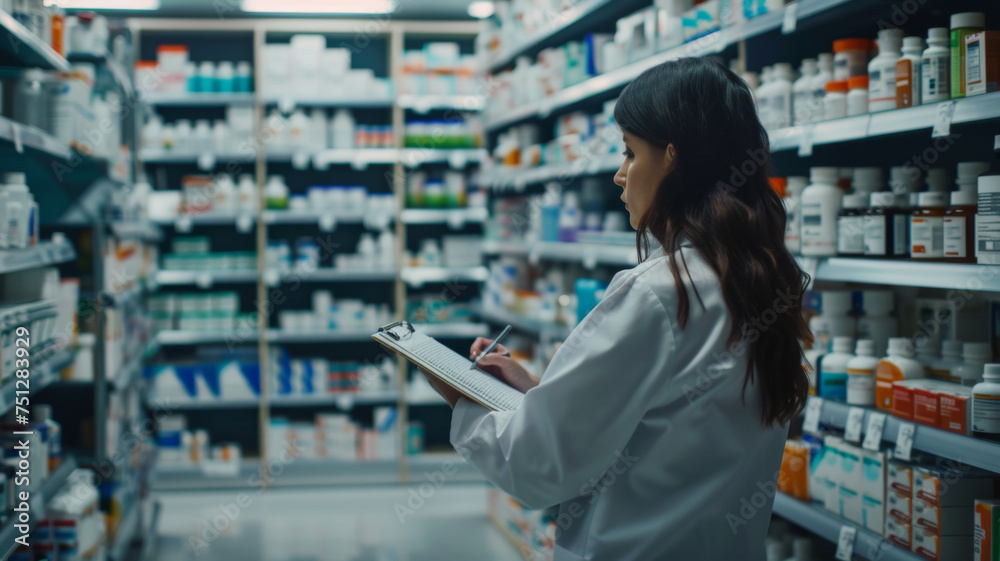 Pharmacist focused on inventory check in pharmacy.