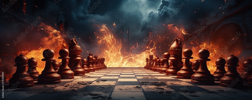 Versus or VS battle on chessboard with dark and fire ball background for competition between team , contestants and fighters - obrazy, fototapety, plakaty 