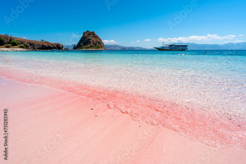 Tropical pink sandy beach with clear turquoise water at Komodo islands in Indonesia © Kittiphan