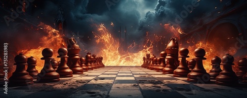 Versus or VS battle on chessboard with dark and fire ball background for competition between team , contestants and fighters