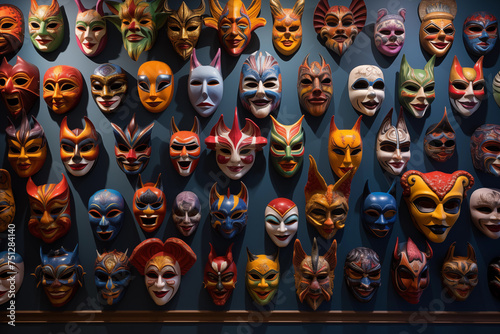 Vibrant collection of traditional venetian masks with various designs and expressions