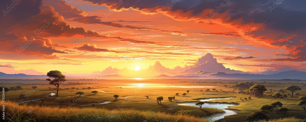 serene sunrise over a vast savannah - obrazy, fototapety, plakaty 