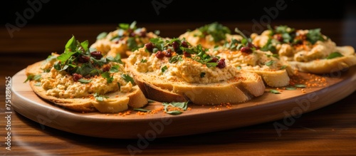 A wooden plate is displayed with a piece of bread topped with a variety of fresh herbs for garnish. The bread appears crispy and inviting, ready to be enjoyed.