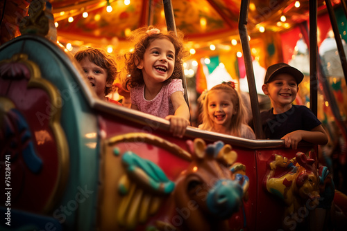 Excited kids enjoy a colorful merry-go-round ride at a festive carnival