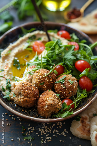 Close-up of a falafel dish with salad and hummus for healthy eating.