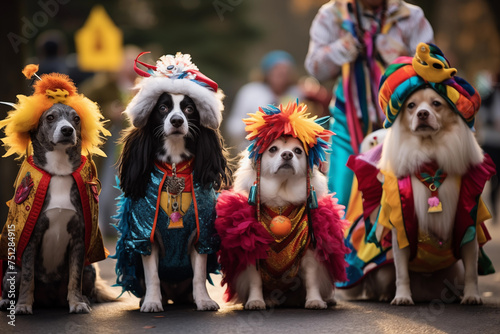 Four dogs dressed in colorful costumes attend a festive parade photo