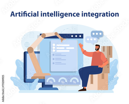 Artificial Intelligence Integration. Man interacting with AI and data analytics in a retail setting.