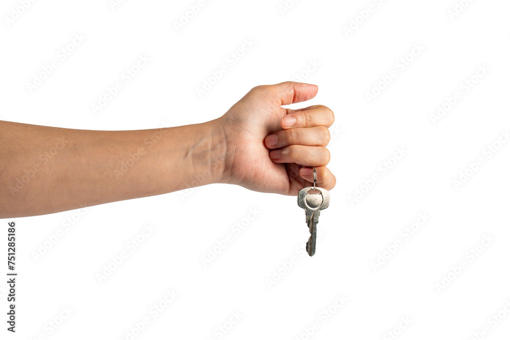 Key with a ring in hand on a transparent background.