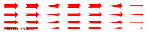 arrows red icon set isolated on white background. flat stright right arrow. up direction can be got by rotating it 60 degree counter clock wise photo