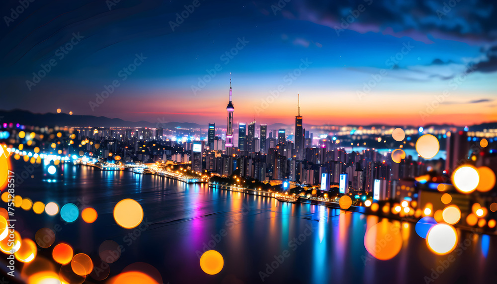 Obraz premium Colorful blurred city night view and illumination, jade bokeh, abstract night light of cityscape bokeh.