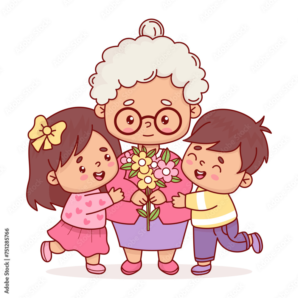 Happy elderly woman grandmother with grandchildren and bouquet flowers. Vector illustration cartoon flat style. Positive character for holiday design birthday, Women's, Mother's and grandma's day. Happy elderly woman grandmother with grandchildren and bouquet flowers. Vector illustration cartoon flat style. Positive character for holiday design birthday, Women's, Mother's and grandma's day.