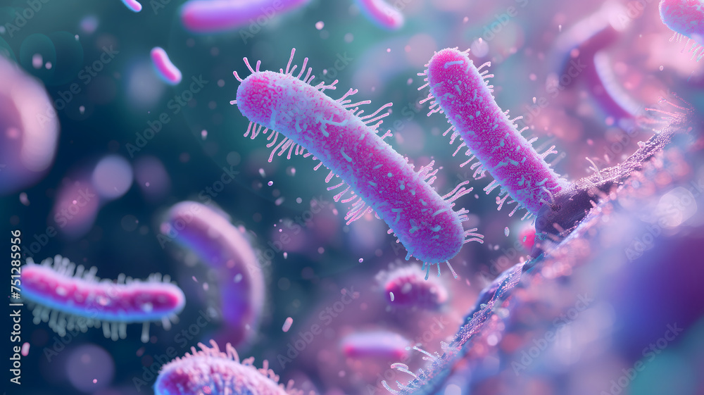 Fototapeta premium purple colored bacterium rod monoculture Escherichia coli. Neural network generated in January 2024. Not based on any actual scene or pattern.