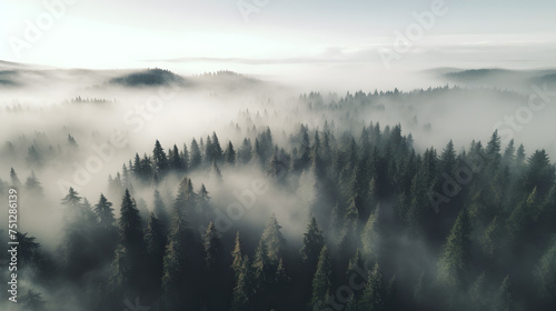 Aerial view over a mountain forest with fog and mist forest landscape generative ai 