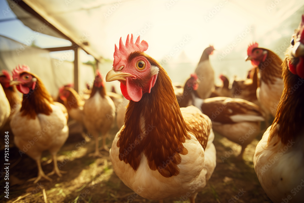 Chickens roaming in a barnyard, pecking at feed with curiosity. Generative AI