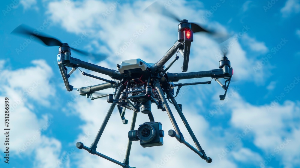 Professional drone flying against a clear blue sky, equipped with a camera for aerial photography or surveillance. Professional drone flying against a clear blue sky, equipped with a camera for aerial photography or surveillance.