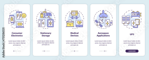 Uses of lithium batteries onboarding mobile app screen. Walkthrough 5 steps editable graphic instructions with linear concepts. UI, UX, GUI template. Myriad Pro-Bold, Regular fonts used