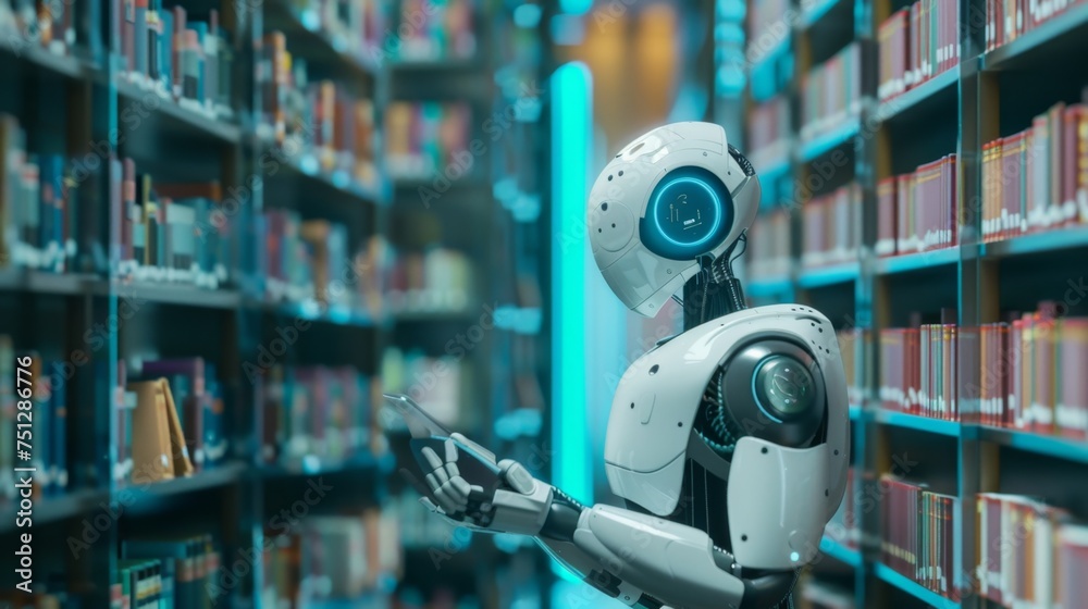 Robot in a library holding a book, perfect for concepts of artificial intelligence in education and future of libraries. Robot in a library holding a book, perfect for concepts of artificial intelligence in education and future of libraries.