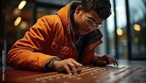 A visually impaired man wearing an orange jacket is engaging with a keyboard, typing or exploring the keys with his hands. The man appears focused on the tactile experience of the keyboard