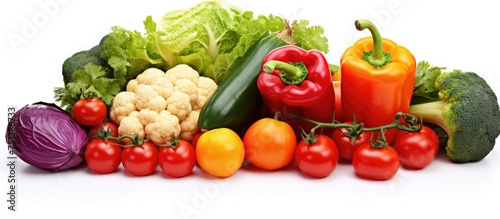 An assortment of vibrant, fresh organic summer vegetables are neatly arranged on a clean white background. The colorful mix of vegetables includes tomatoes, bell peppers, carrots, cucumbers, and more.
