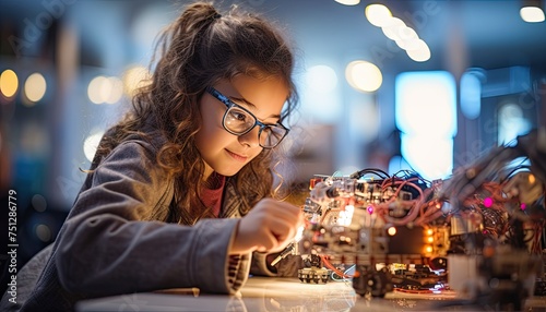 A young girl with glasses is focused on working on a machine, her hands intricate in the task at hand. She appears to be engaged in a technical process, possibly programming or assembling parts