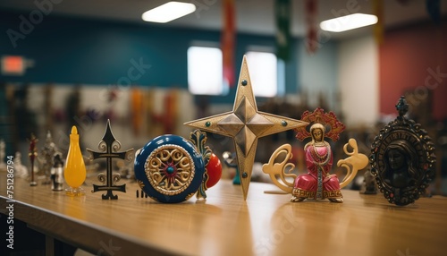 A wooden table is adorned with an array of figurines representing diverse religious symbols. These figurines are carefully arranged, showcasing the harmonious coexistence of different faiths