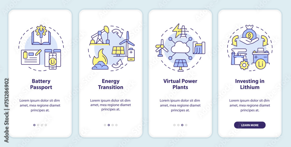 Energy innovation onboarding mobile app screen. Technology regulation. Walkthrough 4 steps editable graphic instructions with linear concepts. UI, UX, GUI template. Myriad Pro-Bold, Regular fonts used