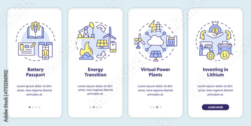 Energy innovation onboarding mobile app screen. Technology regulation. Walkthrough 4 steps editable graphic instructions with linear concepts. UI, UX, GUI template. Myriad Pro-Bold, Regular fonts used