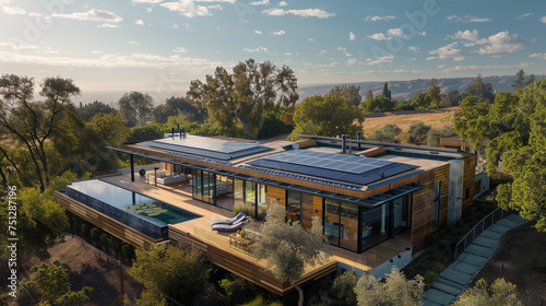 An aerial shot capturing the elegance of a smart home with solar panels, standing boldly against the azure sky like a beacon of sustainable living.