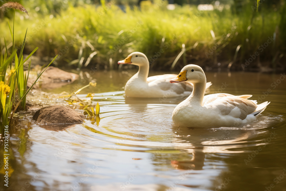 Ducks swimming in a tranquil pond on the farm, quacking softly as they paddle around peacefully. Generative AI Ducks swimming in a tranquil pond on the farm, quacking softly as they paddle around peacefully. Generative AI