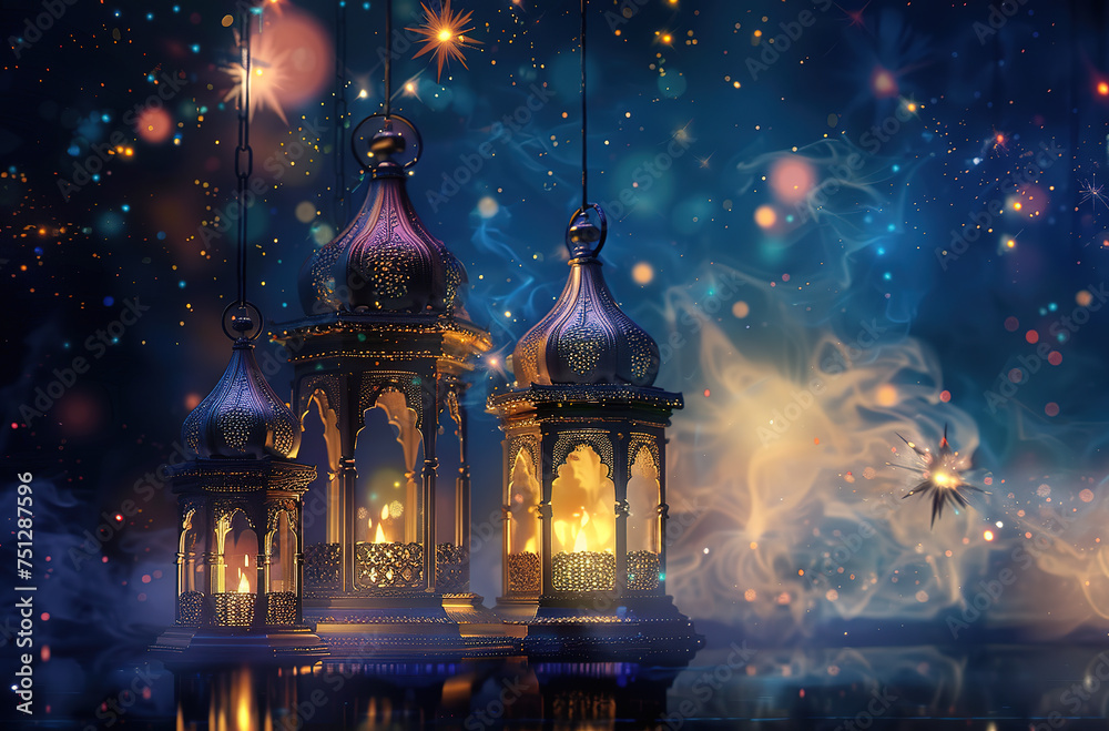 Beautiful starry night background with shinny lanterns. Golden lantern with stars background