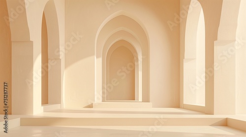 Minimalist beige archway corridor with repetitive geometric shapes, ideal for background with space for text, suitable for architectural or Islamic Ramadan  cultural themes