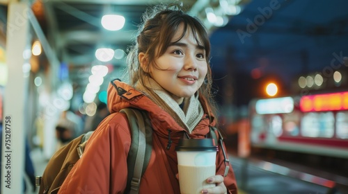 Happy young woman with takeaway coffee at bus station.