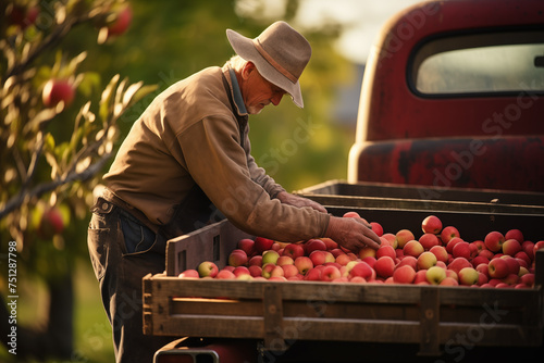 Farmer loading crates of freshly picked apples onto the back of a vintage pickup truck. Generative AI