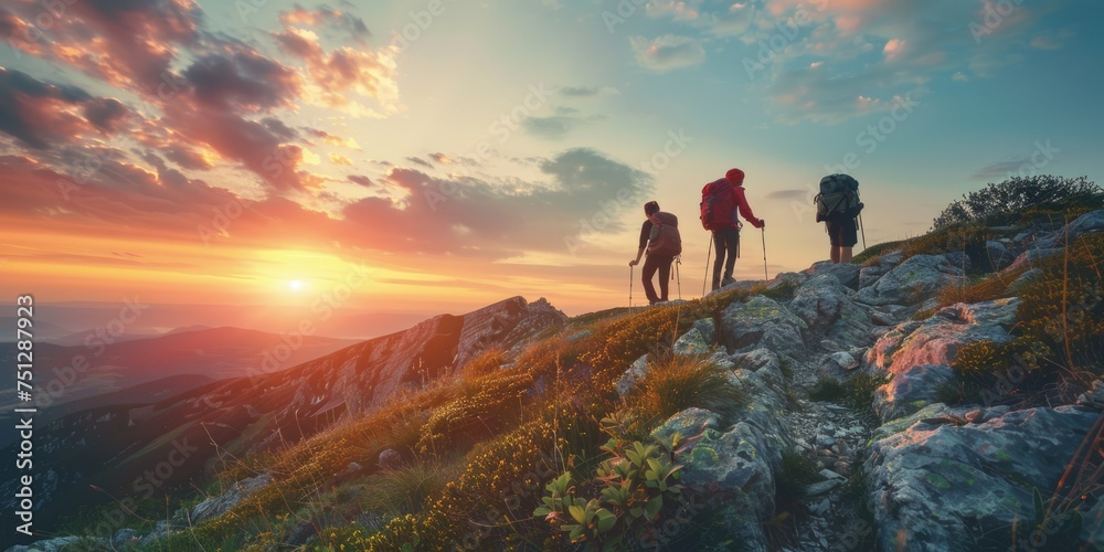 Obraz premium group hiking in beautiful landscape nature