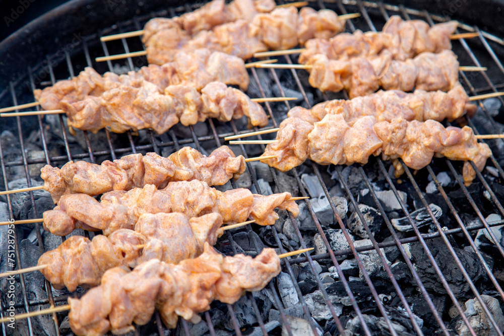 Grilled chicken meat on a barbecue grill. Shish kebab close-up