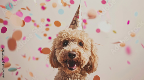 Delighted dog celebrating with a birthday hat amidst falling confetti, capturing a festive atmosphere.