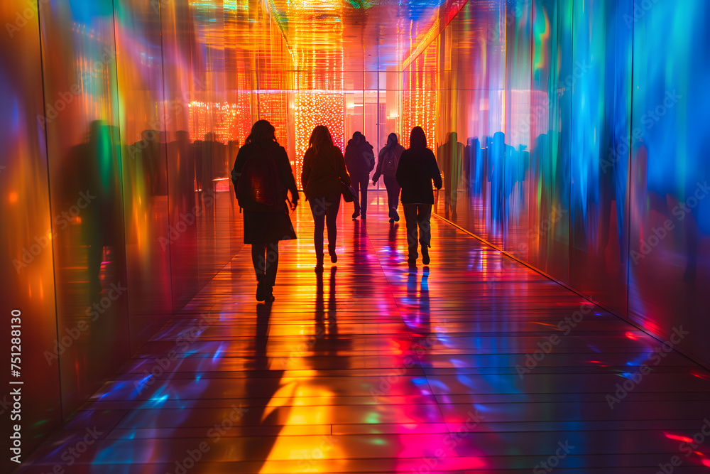 A group of people walking down a hallway with colorful lights. Neural network generated image. Not based on any actual scene or pattern.
